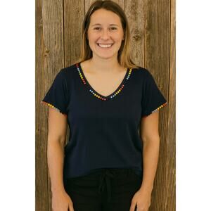 Crown & Ivy 1X navy blue colorful ball accent vintage neck casual cotton blouse